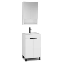 HD Paris Matt White 50 komplett fürdőszoba bútor álló mosdószekrénnyel, matt fekete elemekkel, fényes fehér slim mosdóval és tükrös szekrénnyel