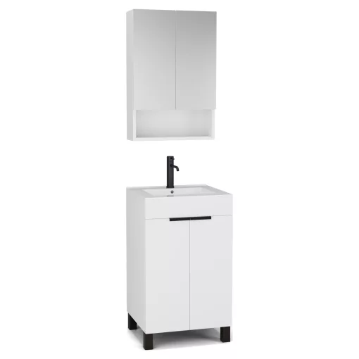 HD Paris Matt White 50 komplett fürdőszoba bútor álló mosdószekrénnyel, matt fekete elemekkel, fényes fehér slim mosdóval és tükrös szekrénnyel