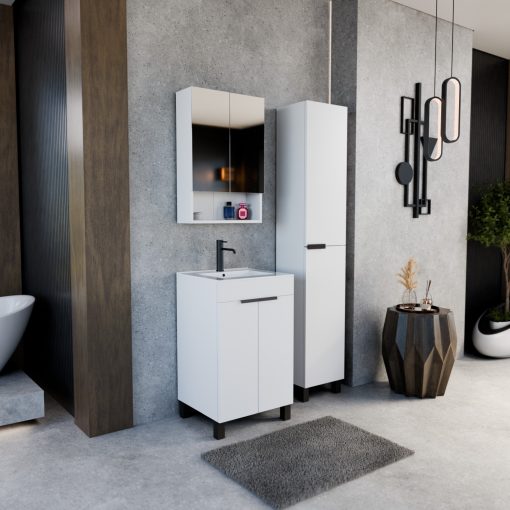 HD Paris Matt White 50 komplett fürdőszoba bútor álló mosdószekrénnyel, matt fekete elemekkel, fényes fehér slim mosdóval és tükrös szekrénnyel
