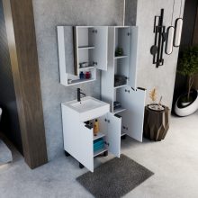 HD Paris Matt White 50 komplett fürdőszoba bútor álló mosdószekrénnyel, matt fekete elemekkel, fényes fehér slim mosdóval és tükrös szekrénnyel