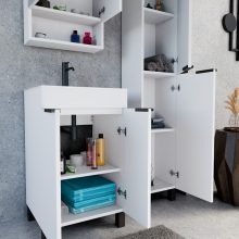 HD Paris Matt White 50 komplett fürdőszoba bútor álló mosdószekrénnyel, matt fekete elemekkel, fényes fehér slim mosdóval és tükrös szekrénnyel