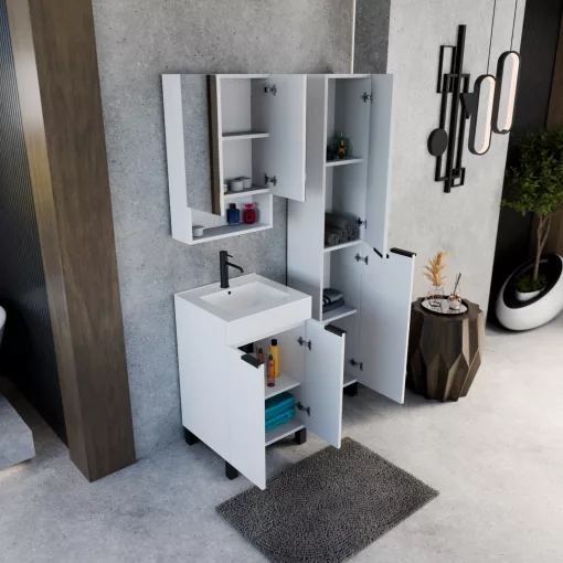 HD Paris Matt White 50 komplett fürdőszoba bútor szett álló mosdószekrénnyel, matt fekete elemekkel, fényes fehér slim mosdóval, tükrös szekrénnyel és magasszekrénnyel