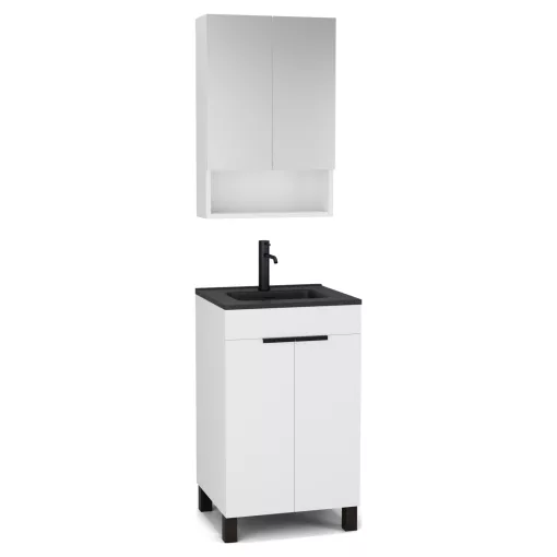 HD Paris Matt White 50 komplett fürdőszoba bútor álló mosdószekrénnyel, matt fekete elemekkel, matt fekete slim mosdóval és tükrös szekrénnyel