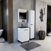 HD Paris Matt White 50 komplett fürdőszoba bútor álló mosdószekrénnyel, matt fekete elemekkel, matt fekete slim mosdóval és tükrös szekrénnyel