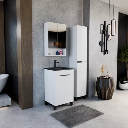 HD Paris Matt White 50 komplett fürdőszoba bútor álló mosdószekrénnyel, matt fekete elemekkel, matt fekete slim mosdóval és tükrös szekrénnyel