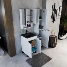 HD Paris Matt White 50 komplett fürdőszoba bútor álló mosdószekrénnyel, matt fekete elemekkel, matt fekete slim mosdóval és tükrös szekrénnyel