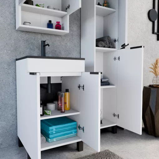 HD Paris Matt White 50 komplett fürdőszoba bútor álló mosdószekrénnyel, matt fekete elemekkel, matt fekete slim mosdóval és tükrös szekrénnyel