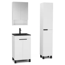 HD Paris Matt White 50 komplett fürdőszoba bútor szett álló mosdószekrénnyel, matt fekete elemekkel, matt fekete slim mosdóval, tükrös szekrénnyel és magasszekrénnyel