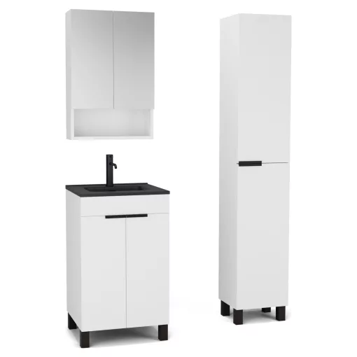 HD Paris Matt White 50 komplett fürdőszoba bútor szett álló mosdószekrénnyel, matt fekete elemekkel, matt fekete slim mosdóval, tükrös szekrénnyel és magasszekrénnyel