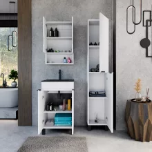 HD Paris Matt White 50 komplett fürdőszoba bútor szett álló mosdószekrénnyel, matt fekete elemekkel, matt fekete slim mosdóval, tükrös szekrénnyel és magasszekrénnyel