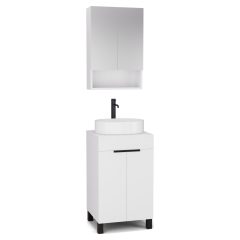   HD Paris Matt White 50 komplett fürdőszoba bútor álló mosdószekrénnyel, matt fekete elemekkel, matt fehér mosdópulttal és tükrös szekrénnyel