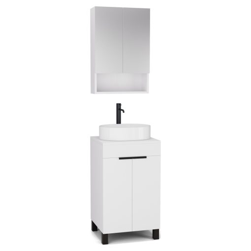 HD Paris Matt White 50 komplett fürdőszoba bútor álló mosdószekrénnyel, matt fekete elemekkel, matt fehér mosdópulttal és tükrös szekrénnyel