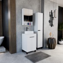 HD Paris Matt White 50 komplett fürdőszoba bútor álló mosdószekrénnyel, matt fekete elemekkel, matt fehér mosdópulttal és tükrös szekrénnyel