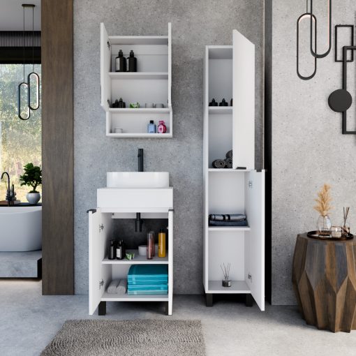 HD Paris Matt White 50 komplett fürdőszoba bútor álló mosdószekrénnyel, matt fekete elemekkel, matt fehér mosdópulttal és tükrös szekrénnyel