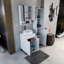 HD Paris Matt White 50 komplett fürdőszoba bútor álló mosdószekrénnyel, matt fekete elemekkel, matt fehér mosdópulttal és tükrös szekrénnyel