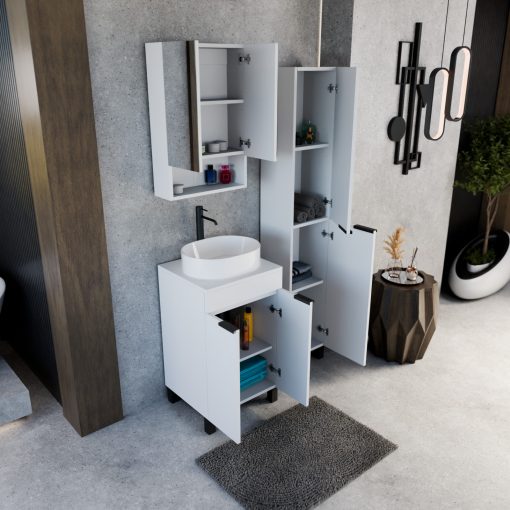 HD Paris Matt White 50 komplett fürdőszoba bútor álló mosdószekrénnyel, matt fekete elemekkel, matt fehér mosdópulttal és tükrös szekrénnyel