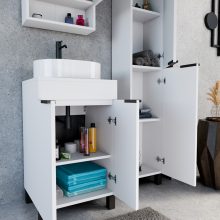 HD Paris Matt White 50 komplett fürdőszoba bútor álló mosdószekrénnyel, matt fekete elemekkel, matt fehér mosdópulttal és tükrös szekrénnyel