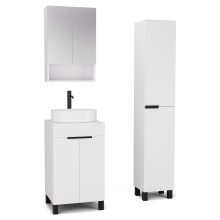 HD Paris Matt White 50 komplett fürdőszoba bútor szett álló mosdószekrénnyel, matt fekete elemekkel, matt fehér mosdópulttal, tükrös szekrénnyel és magasszekrénnyel