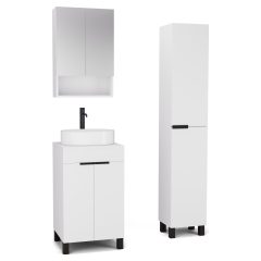   HD Paris Matt White 50 komplett fürdőszoba bútor szett álló mosdószekrénnyel, matt fekete elemekkel, matt fehér mosdópulttal, tükrös szekrénnyel és magasszekrénnyel