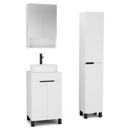 HD Paris Matt White 50 komplett fürdőszoba bútor szett álló mosdószekrénnyel, matt fekete elemekkel, matt fehér mosdópulttal, tükrös szekrénnyel és magasszekrénnyel