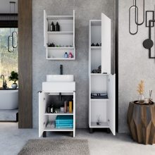 HD Paris Matt White 50 komplett fürdőszoba bútor szett álló mosdószekrénnyel, matt fekete elemekkel, matt fehér mosdópulttal, tükrös szekrénnyel és magasszekrénnyel