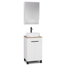 HD Paris Matt White 50 komplett fürdőszoba bútor álló mosdószekrénnyel, matt fekete elemekkel, tölgyfa színű mosdópulttal és tükrös szekrénnyel