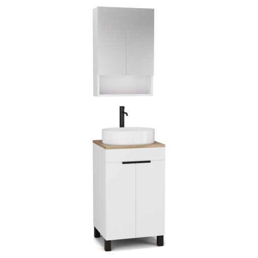 HD Paris Matt White 50 komplett fürdőszoba bútor álló mosdószekrénnyel, matt fekete elemekkel, tölgyfa színű mosdópulttal és tükrös szekrénnyel