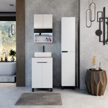 HD Paris Matt White 50 komplett fürdőszoba bútor álló mosdószekrénnyel, matt fekete elemekkel, tölgyfa színű mosdópulttal és tükrös szekrénnyel