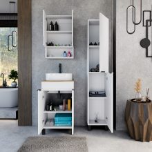 HD Paris Matt White 50 komplett fürdőszoba bútor álló mosdószekrénnyel, matt fekete elemekkel, tölgyfa színű mosdópulttal és tükrös szekrénnyel