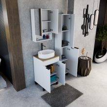 HD Paris Matt White 50 komplett fürdőszoba bútor álló mosdószekrénnyel, matt fekete elemekkel, tölgyfa színű mosdópulttal és tükrös szekrénnyel