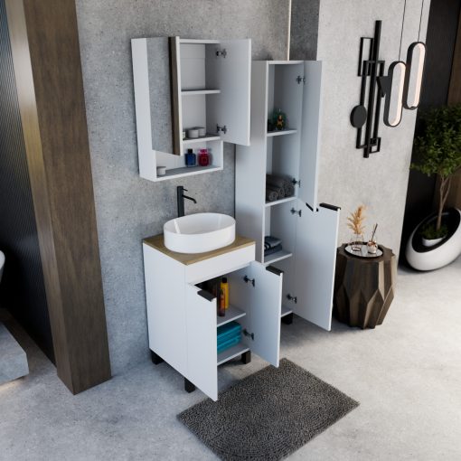 HD Paris Matt White 50 komplett fürdőszoba bútor álló mosdószekrénnyel, matt fekete elemekkel, tölgyfa színű mosdópulttal és tükrös szekrénnyel