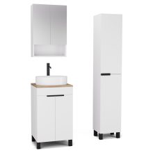 HD Paris Matt White 50 komplett fürdőszoba bútor szett álló mosdószekrénnyel, matt fekete elemekkel, tölgyfa színű mosdópulttal, tükrös szekrénnyel és magasszekrénnyel