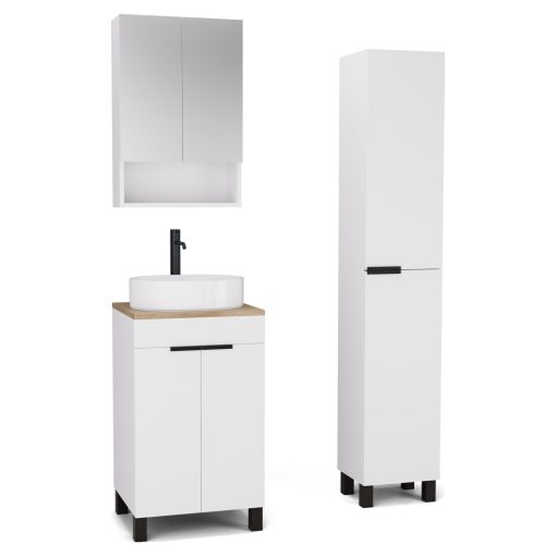 HD Paris Matt White 50 komplett fürdőszoba bútor szett álló mosdószekrénnyel, matt fekete elemekkel, tölgyfa színű mosdópulttal, tükrös szekrénnyel és magasszekrénnyel