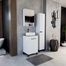 HD Paris Matt White 50 komplett fürdőszoba bútor szett álló mosdószekrénnyel, matt fekete elemekkel, tölgyfa színű mosdópulttal, tükrös szekrénnyel és magasszekrénnyel