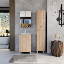 HD Paris Oak 50 komplett fürdőszoba bútor álló mosdószekrénnyel, fényes króm elemekkel, fényes fehér slim mosdóval és tükrös szekrénnyel