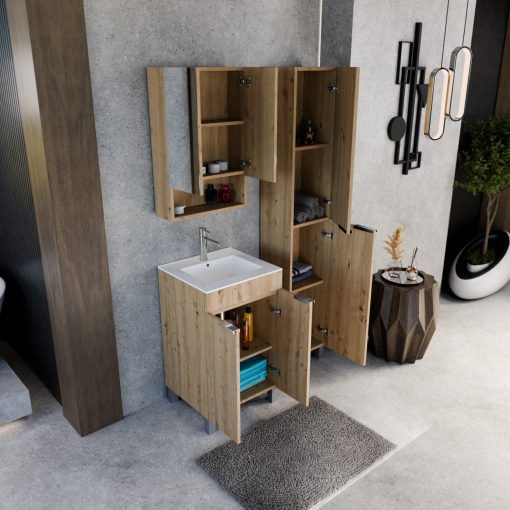 HD Paris Oak 50 komplett fürdőszoba bútor álló mosdószekrénnyel, fényes króm elemekkel, fényes fehér slim mosdóval és tükrös szekrénnyel