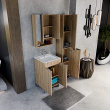 HD Paris Oak 50 komplett fürdőszoba bútor szett álló mosdószekrénnyel, fényes króm elemekkel, fényes fehér slim mosdóval, tükrös szekrénnyel és magasszekrénnyel