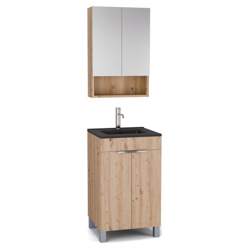 HD Paris Oak 50 komplett fürdőszoba bútor álló mosdószekrénnyel, fényes króm elemekkel, matt fekete slim mosdóval és tükrös szekrénnyel
