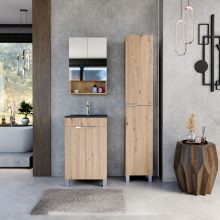 HD Paris Oak 50 komplett fürdőszoba bútor álló mosdószekrénnyel, fényes króm elemekkel, matt fekete slim mosdóval és tükrös szekrénnyel