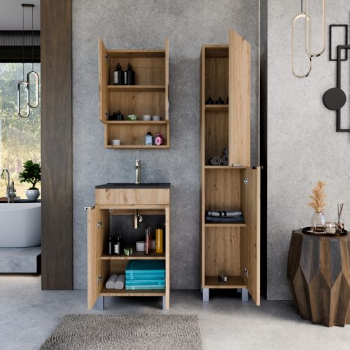 HD Paris Oak 50 komplett fürdőszoba bútor álló mosdószekrénnyel, fényes króm elemekkel, matt fekete slim mosdóval és tükrös szekrénnyel