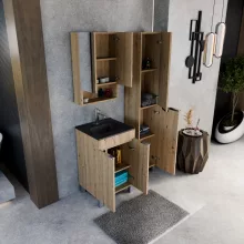 HD Paris Oak 50 komplett fürdőszoba bútor álló mosdószekrénnyel, fényes króm elemekkel, matt fekete slim mosdóval és tükrös szekrénnyel