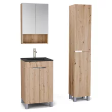 HD Paris Oak 50 komplett fürdőszoba bútor szett álló mosdószekrénnyel, fényes króm elemekkel, matt fekete slim mosdóval, tükrös szekrénnyel és magasszekrénnyel