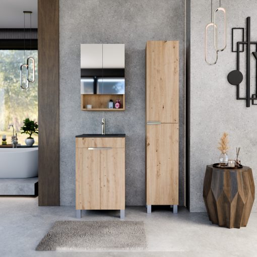 HD Paris Oak 50 komplett fürdőszoba bútor szett álló mosdószekrénnyel, fényes króm elemekkel, matt fekete slim mosdóval, tükrös szekrénnyel és magasszekrénnyel