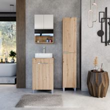 HD Paris Oak 50 komplett fürdőszoba bútor álló mosdószekrénnyel, fényes króm elemekkel, tölgyfa színű mosdópulttal és tükrös szekrénnyel