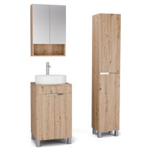 HD Paris Oak 50 komplett fürdőszoba bútor szett álló mosdószekrénnyel, fényes króm elemekkel, tölgyfa színű mosdópulttal, tükrös szekrénnyel és magasszekrénnyel