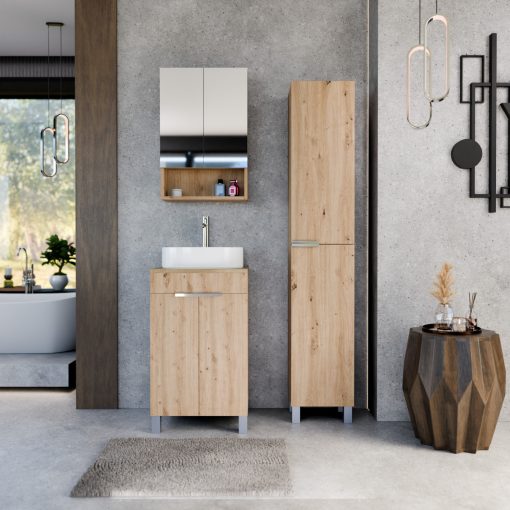 HD Paris Oak 50 komplett fürdőszoba bútor szett álló mosdószekrénnyel, fényes króm elemekkel, tölgyfa színű mosdópulttal, tükrös szekrénnyel és magasszekrénnyel