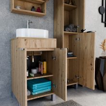 HD Paris Oak 50 komplett fürdőszoba bútor szett álló mosdószekrénnyel, fényes króm elemekkel, tölgyfa színű mosdópulttal, tükrös szekrénnyel és magasszekrénnyel