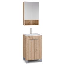 HD Paris Oak 50 komplett fürdőszoba bútor álló mosdószekrénnyel, szálcsiszolt króm elemekkel, fényes fehér slim mosdóval és tükrös szekrénnyel