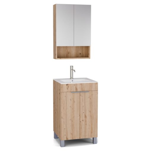 HD Paris Oak 50 komplett fürdőszoba bútor álló mosdószekrénnyel, szálcsiszolt króm elemekkel, fényes fehér slim mosdóval és tükrös szekrénnyel