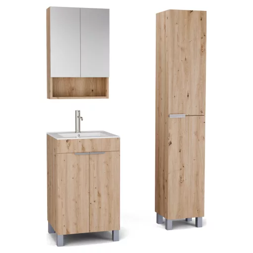 HD Paris Oak 50 komplett fürdőszoba bútor szett álló mosdószekrénnyel, szálcsiszolt króm elemekkel, fényes fehér slim mosdóval, tükrös szekrénnyel és magasszekrénnyel